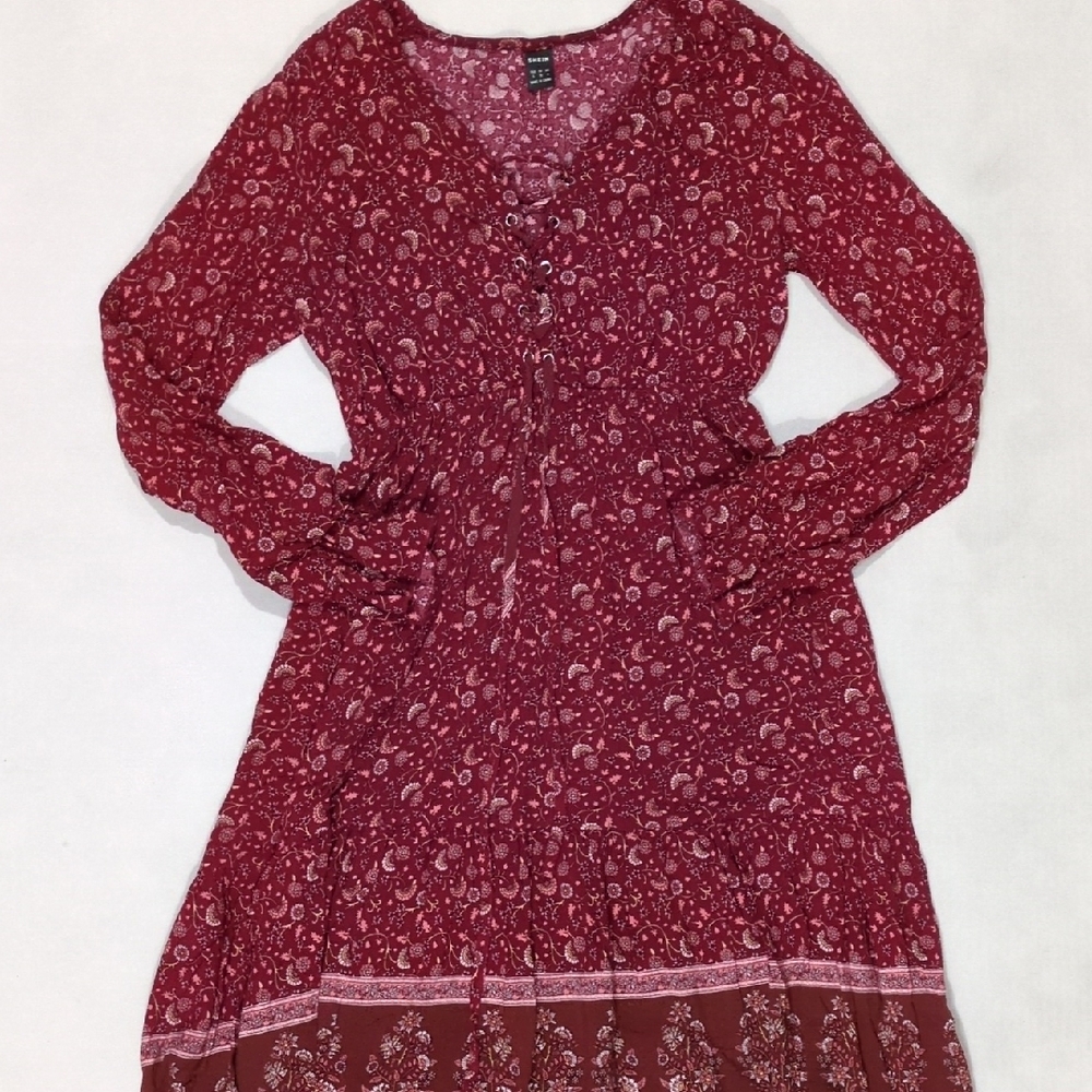 Front Lace Up Long Sleeve Tiered allover Boho Red Floral Women's Maxi Dress S - Picture 2 of 9